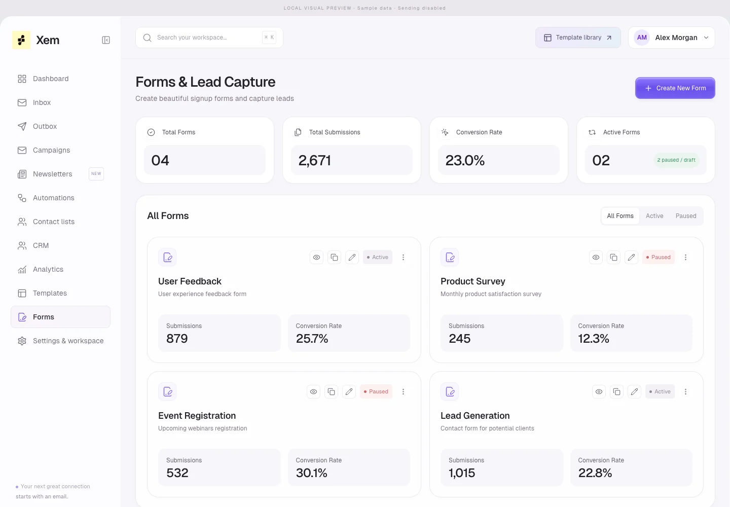 Xem lead forms interface with illustrative workspace data