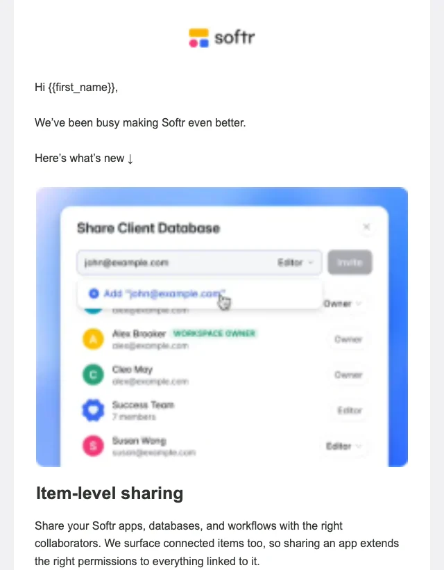 What’s New in Softr email layout